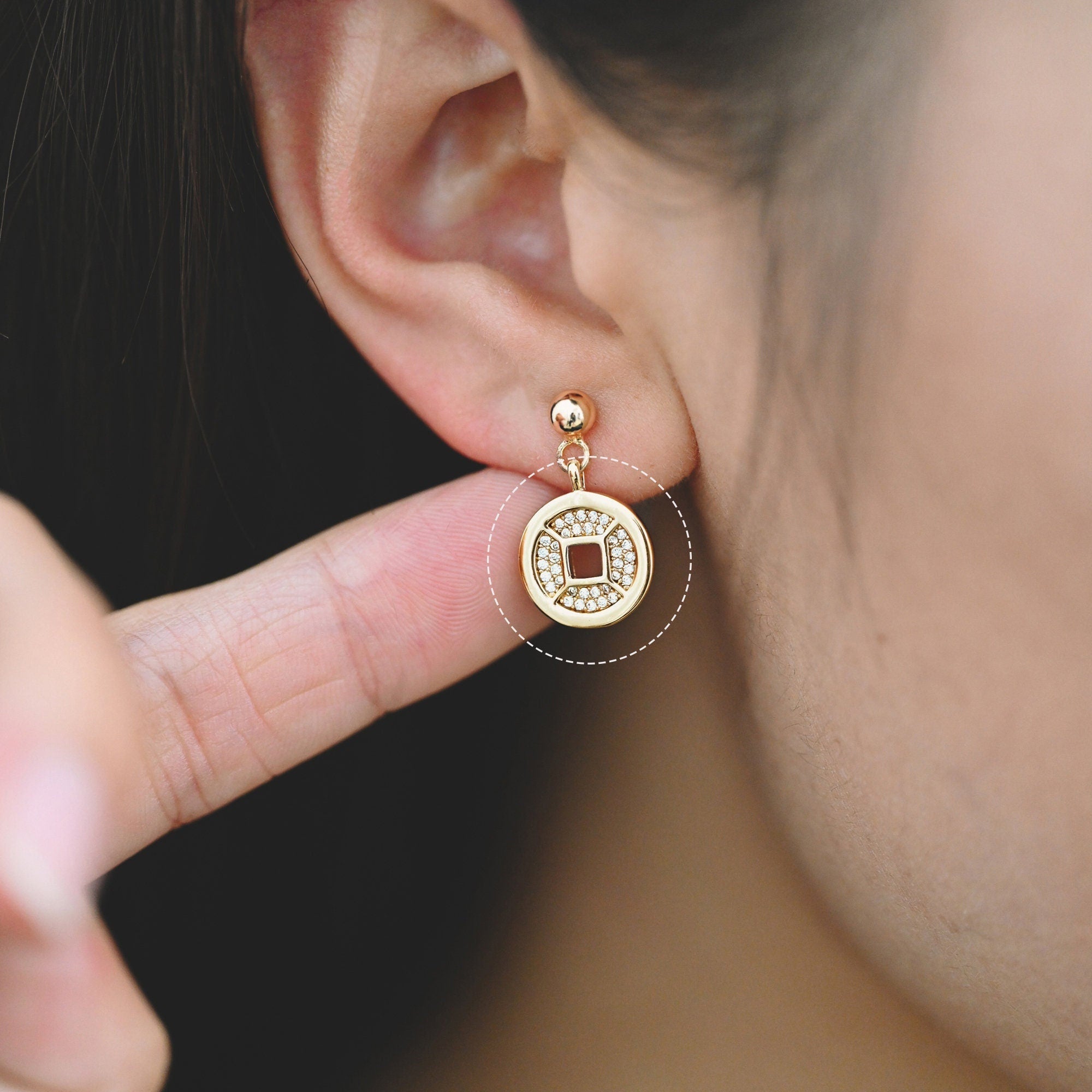 4pcs CZ Pave Gold Chinese Coin Charm 12mm, Real Gold plated Brass, Round Coin Disk Pendants (GB-3464-F)